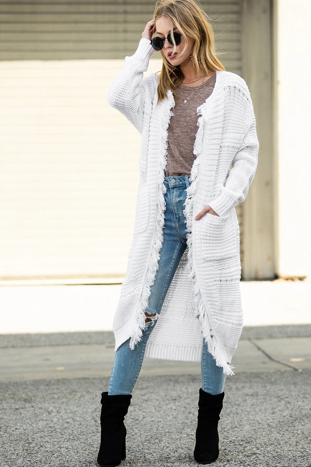 Dear-Lover White Fringed Open Front Pocketed Maxi Oversized Cardigan Women
