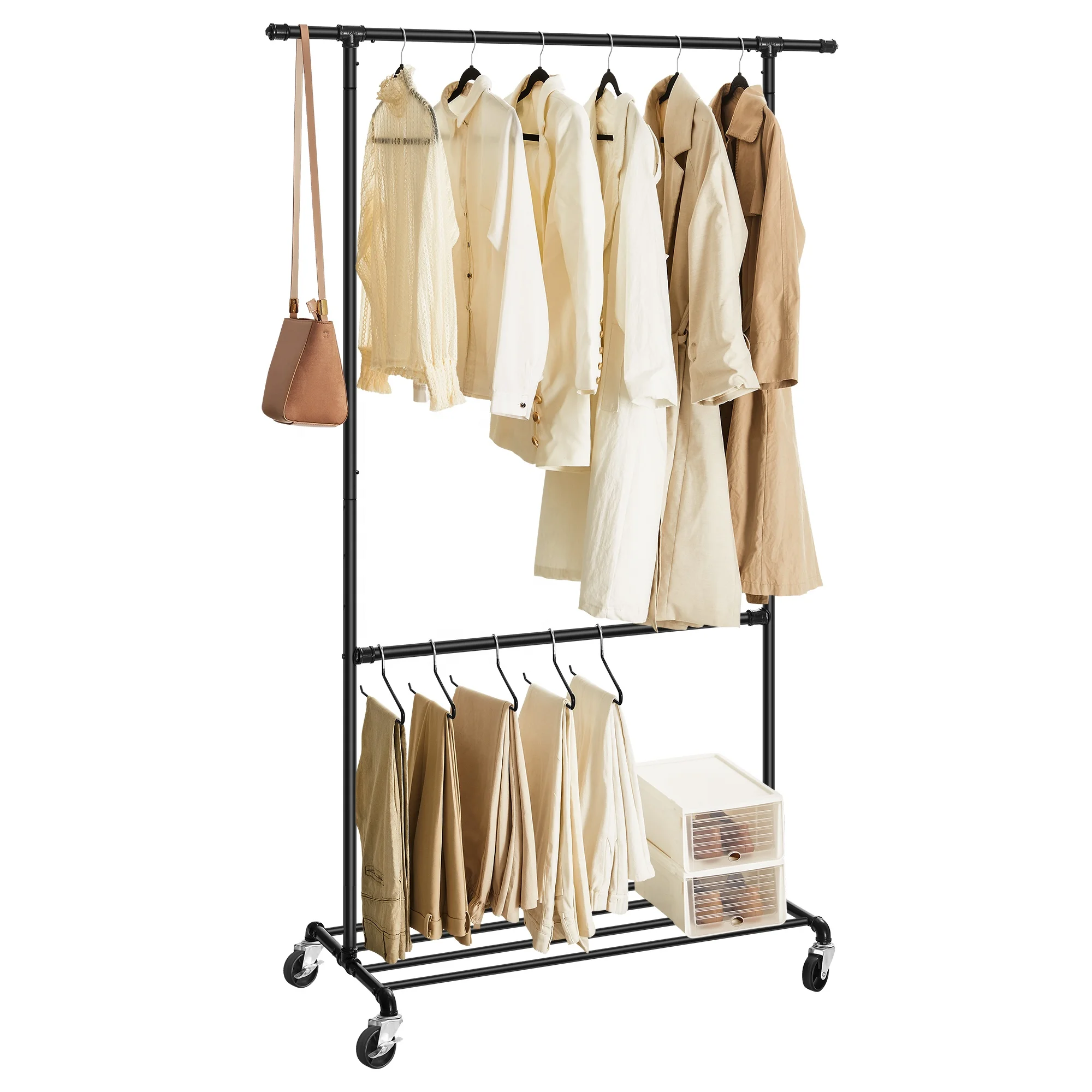 SONGMICS Double Hanging Rod Adjustable Metal Clothes Hanger Stand Industrial Style Clothes Garment Rack on Wheels