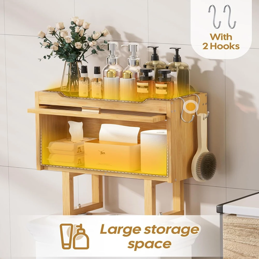 product bamboo wall mounted toilet storage cabinet space saving bathroom storage rack with lid and 2 hooks no drilling design-9
