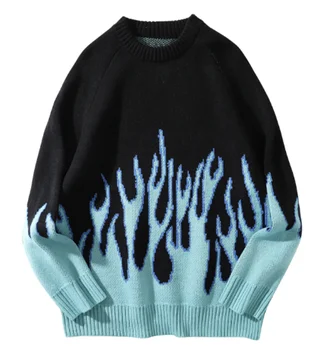 Ladies casual oversized Hip Hop Sweater Pullover Women Blue Fire Flame Knitted Sweater