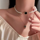 Pearl Black Necklace 2pcs/set Fashion Pearl Bead Heart Black Crystal Necklace
