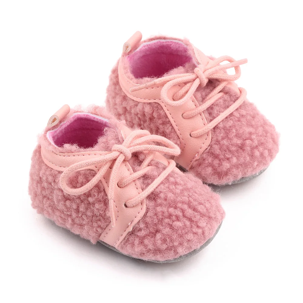 PU Leather Solid Color Plush Front Lacing Cute Warm Baby Soft Soled Toddler Cotton Shoes factory