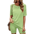 Women Casual Solid 2 Piece Set Summer Women Short Sleeve Top And Biker Shorts Sets Female Ribbed Shorts Set