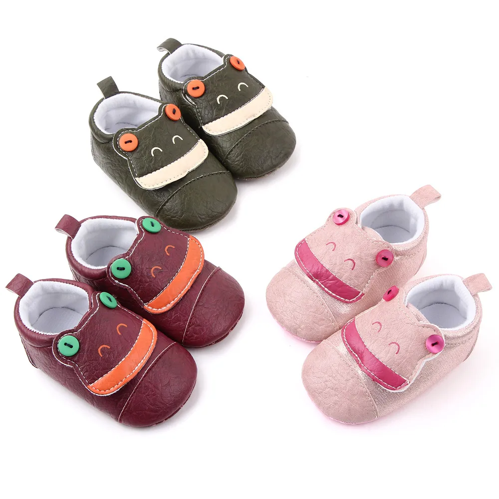 Cute Cartoon Animal Solid Color Pu Leather Buttons Small Frog Soft Soled Baby Walking Shoes details