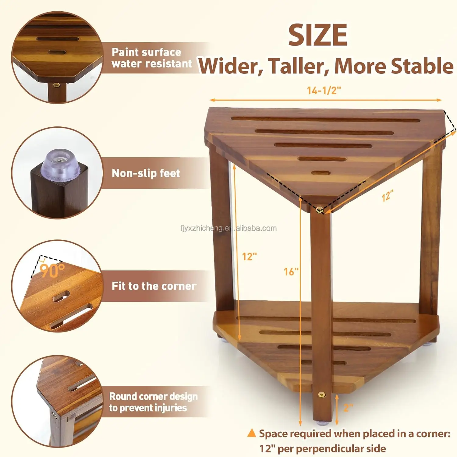 product 16in modern eco friendly shower foot rest corner stool shaving legs storage shelf small bench sit bath seat acacia wood-1
