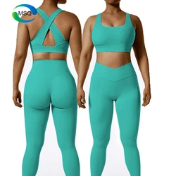 Custom Wholesale  Activewear Sports Women Training Bra Plus Size V Shape Leggings Fitness Yoga Gym Workout Sets With Pocket