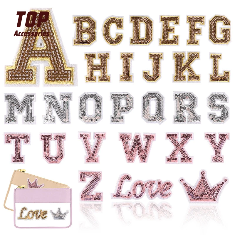 Handmade Sequin English Embroidery Iron-On Letter Patches for Cosmetic Bag Decoration