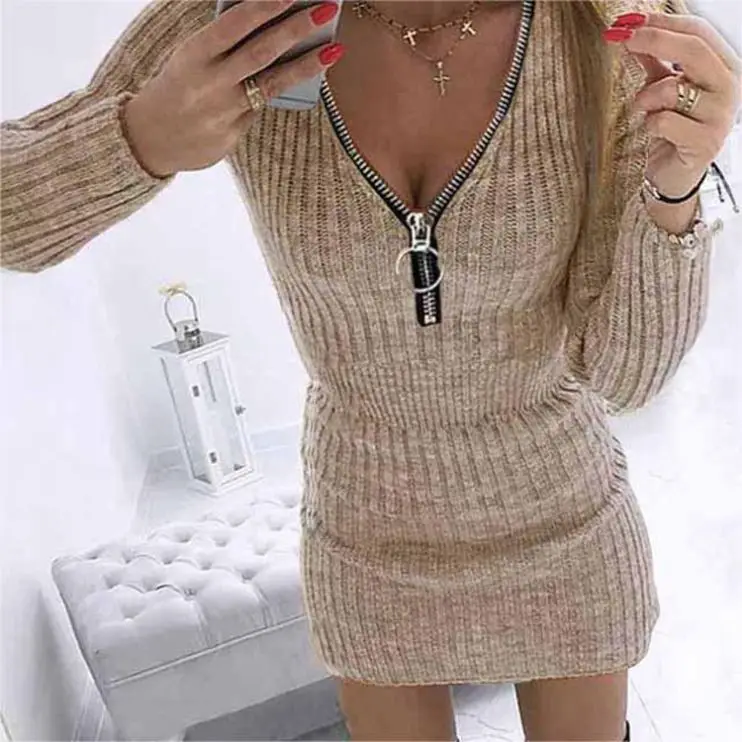 2023 Autumn Winter Women Clothes Neck Zipper Waist Closing Long Sleeve Knitted Hip Wrap Bodycon Sexy Dress