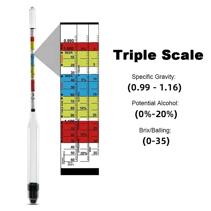 Easy to Read Triple Scale Brew Hydrometer Alcohol Tester 