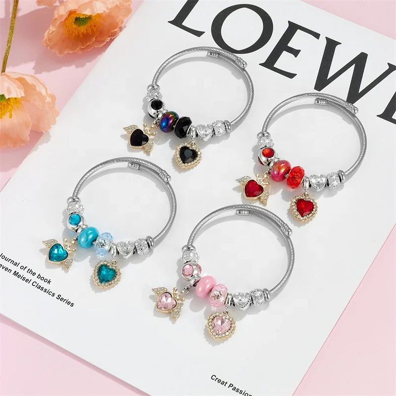 New High quality silver plated stainless steel crystal angel charm bracelet large hole beads heart pendant bracelet for girls