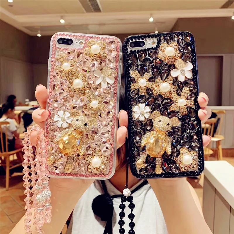Luxury Bling Diamond Bear Pearl Flower Phone Case Women Girls 3D Rhinestone Cover Case for iPhone 15 Samsung S24 A54