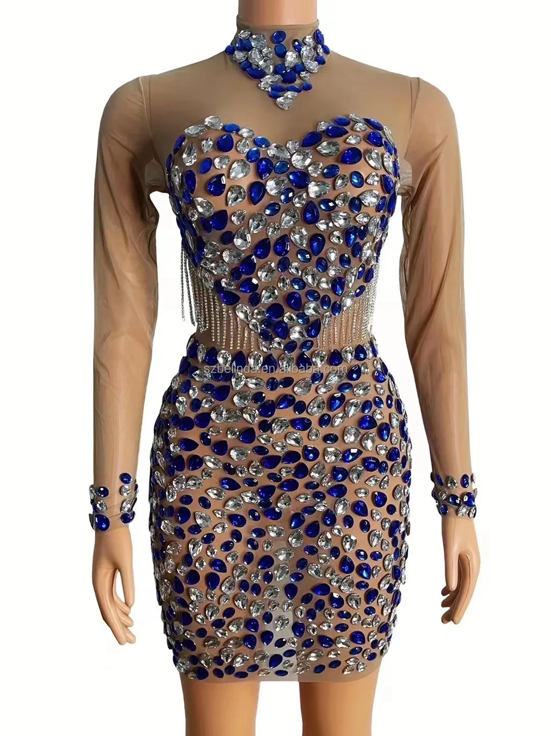 Silver Blue Rhinestones Nude Transparent Dress Evening Celebrate Women