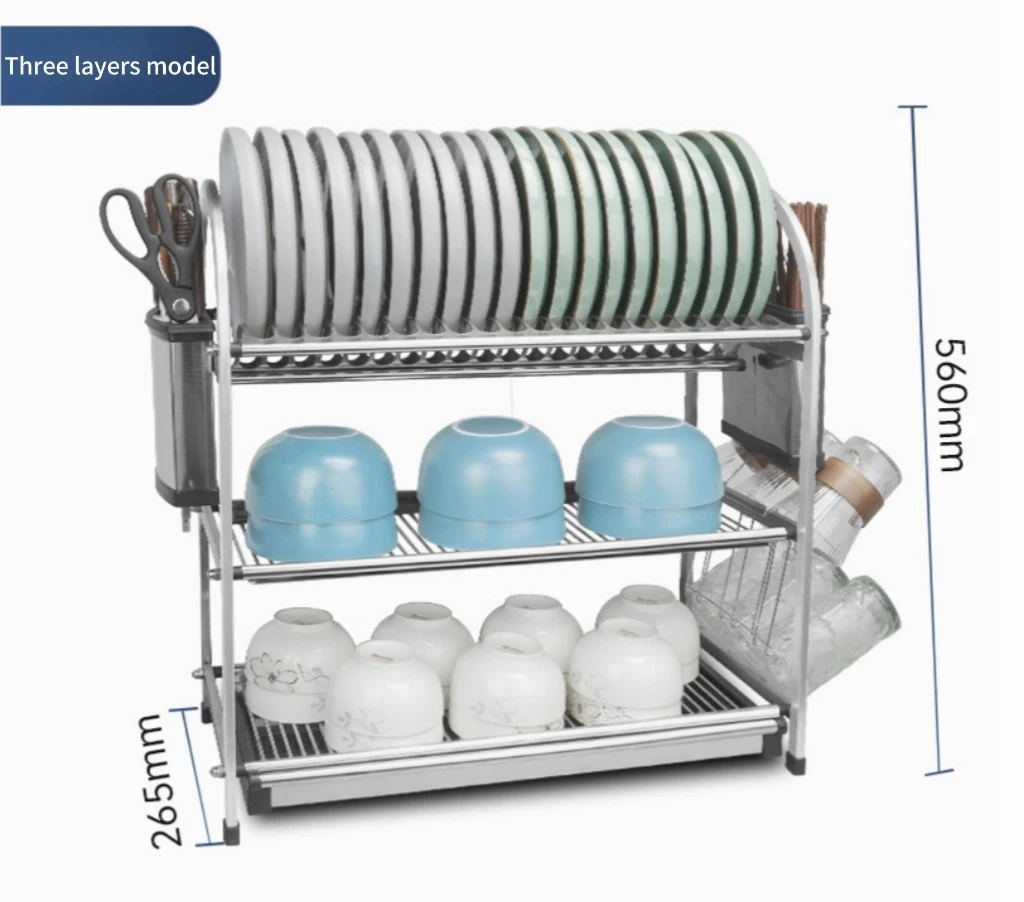 Kitchen Multifunctional Drain Bowl Dish Rack Stainless Steel 3-layer Tableware Storage Drain Rack