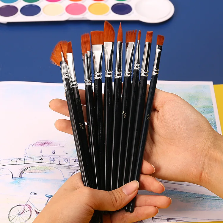 12Pcs Artist Paint Brush Set Angled/Filbert For Acrylic Oil Watercolor Painting