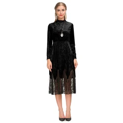 Latest design OEM service elegant full long sleeve winter prom party women velvet lace dress