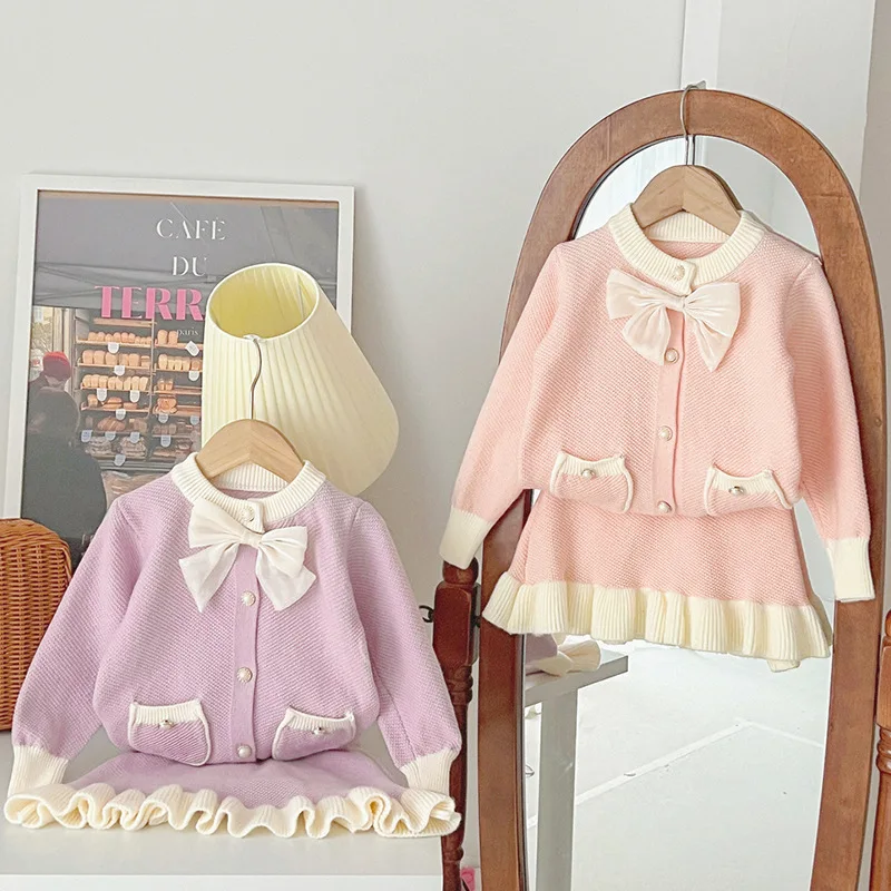 RTS children's clothing girl's knitwear short skirt toddler bow Korean cardigan sweater fall winter girl two piece set