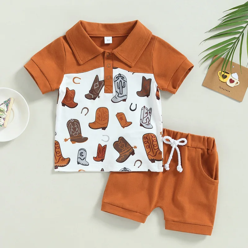 Wholesale little kids summer outfits fashion stitching Polo t-shirts+shorts children boys casual clothing 1-4 years