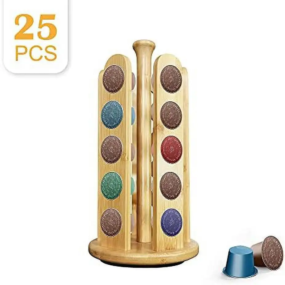 Bamboo Rotating 25 Coffee Capsules Storage Organizer Coffee Pod Organizer Stand Wood Coffee Pod Holder for Countertop
