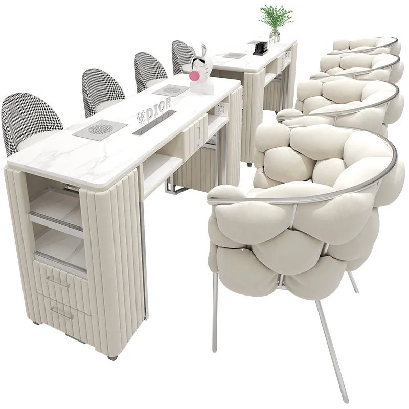 Cream Wind Manicure Table and Chair Set with Built-in Vacuum Cleaner Socket Manicure Table Light Steel Luxury Brand New Metal