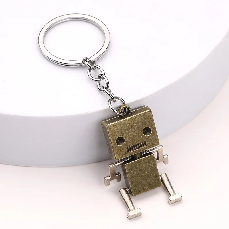 Cute Robot Keychain 3D Movable Joint Mini Robot Keychain Punk Style Bronze Color Box Shaped People Metal Waist Hanging Key Ring