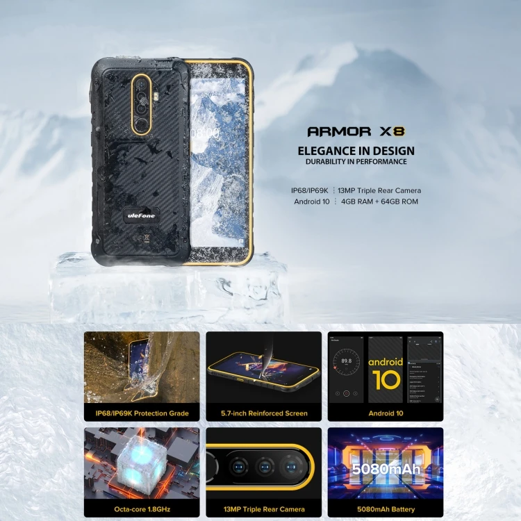 Ulefone Armor X8 2020 4G 4GB+64GB IP68 Waterproof Rugged Phone 5.7 inch 5080mAh Android 10