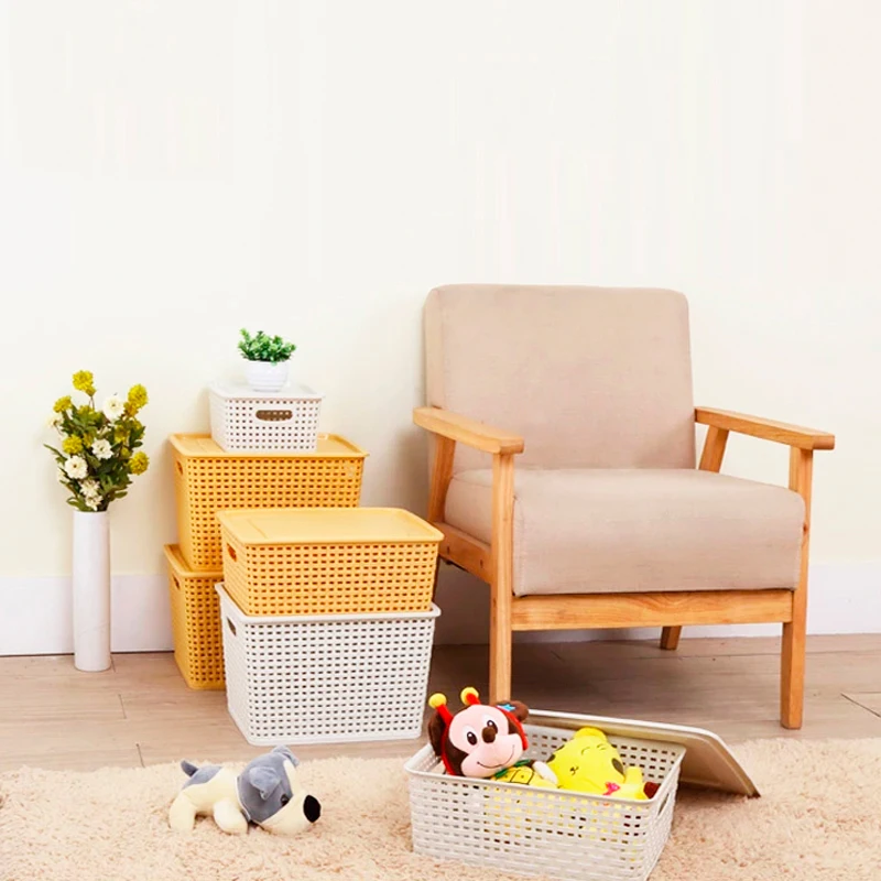 Haixing 10L Woven Storage Basket Plastic Wicket Basket With Lid Clothes Laundry Basket