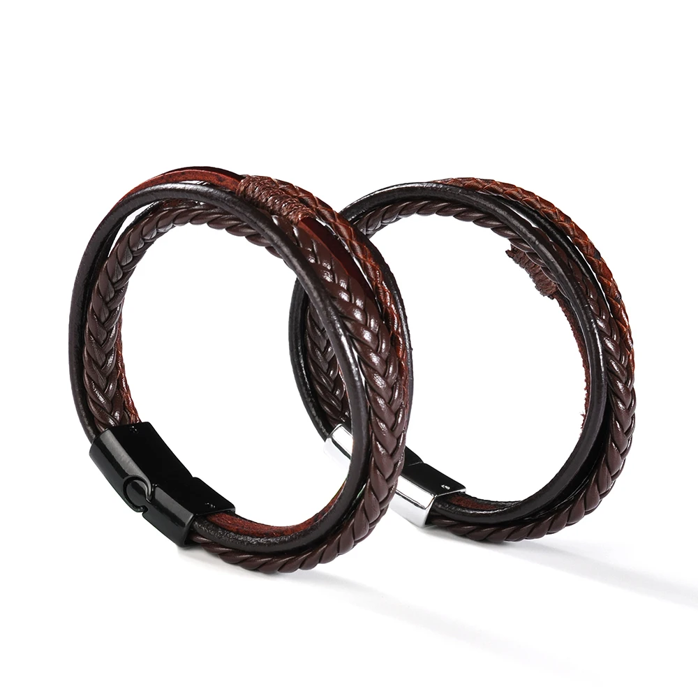 F253 Manly and Custom Magnetic Leather Bracelet for Metal Wrap Stainless Steel Making Clasps Leather Wide Mens MenBlack Trendy