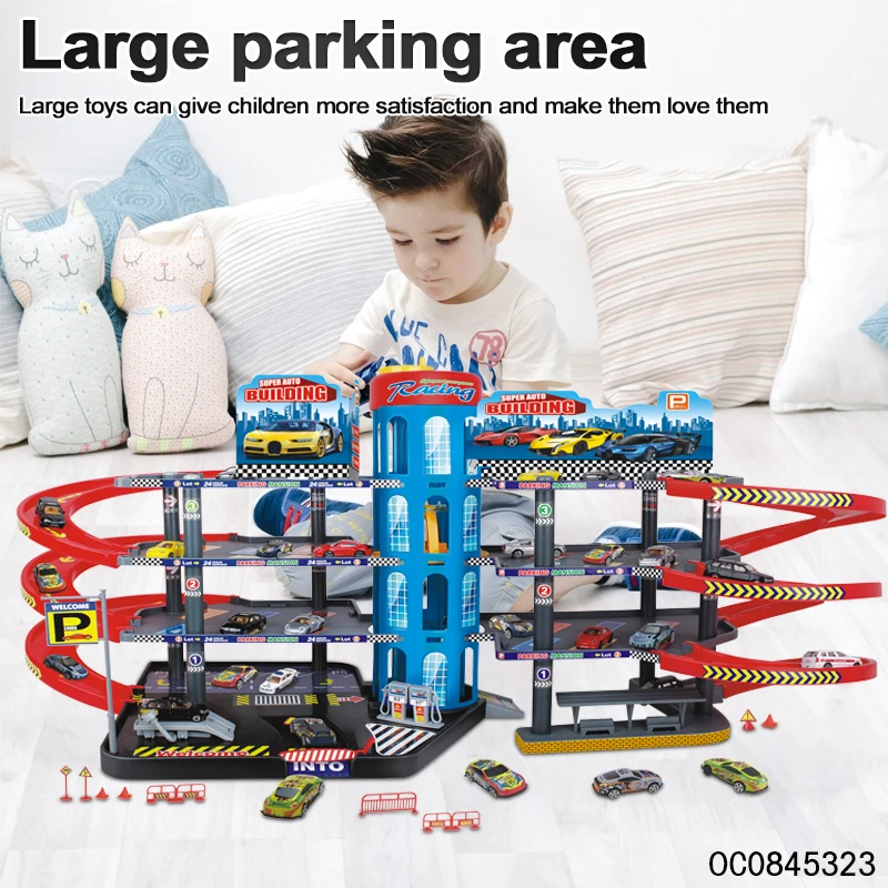 Multi layers garage parking lot racing car play set toys for kids boys with 8pcs car