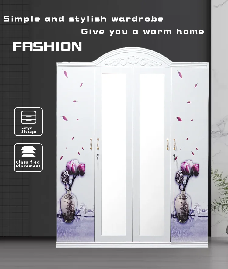 Guangzhou Foshan Factory Offers 4-Door Steel Wardrobe Mirror Kids Cheap Closet Cabinet Children's Pattern Cloth Baby Lemari