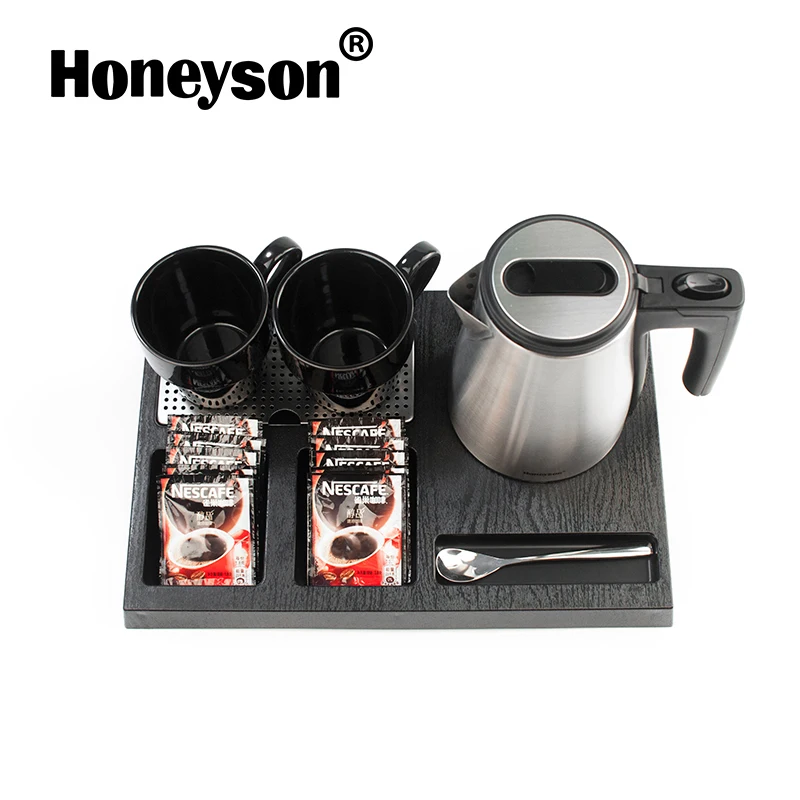 Honeyson Electric Kettle Tray Set Stainless Steel Hotel Kettle with Welcome Tray and Cups for Hotel Guestroom