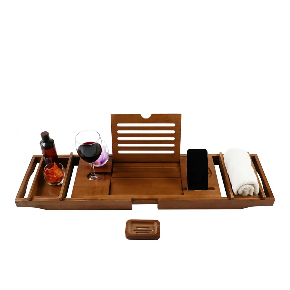 product wholesale bamboo bathtub tray with wine glass phone holder bath tray soap tray extendable up to 105 centimeters bathroom set-9