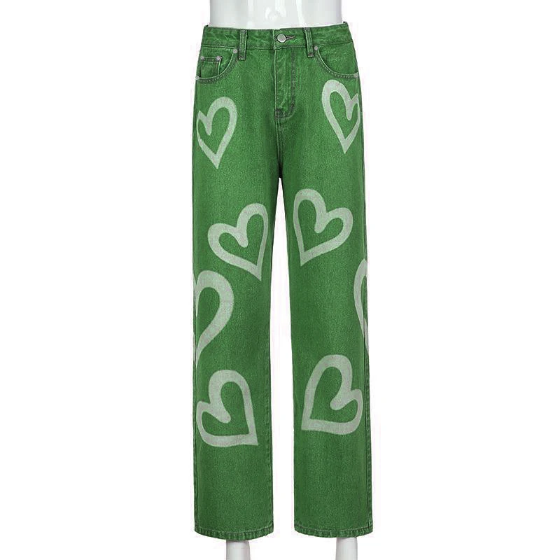 Custom Ladies Denim Jeans High Waist Heart Print Pantalon Jean Baggy Women Y2k Jeans factory