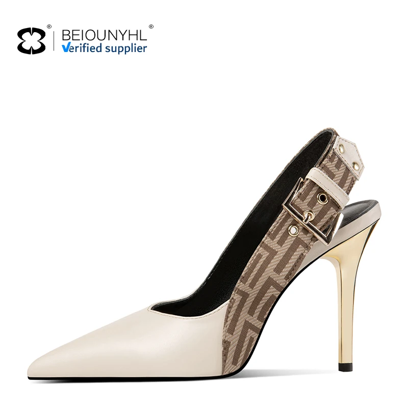2023 Customized Logo Large Size Pointed Toe Gold Thin High Heel Sandals Buckle-fastening Slingback Strap Women's Sandals