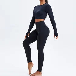 New Design Solid Color Nude Feeling Comfortable Workout Sets Long Sleeves Finger Hole Fitness Wear Sexy Yoga Bra And Pants Sets