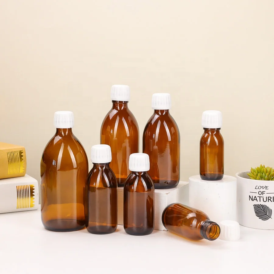 DIN 28 Pharmacy Bottle For Syrup Coffee Juice 30ml-500ml Brown Cough Syrup Glass Bottles with tamper evident caps