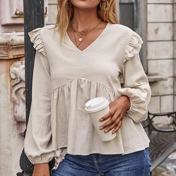 2022 popular spring and autumn European and American women's bubble sleeve top fashion casual loose long sleeve cotton T-shirt