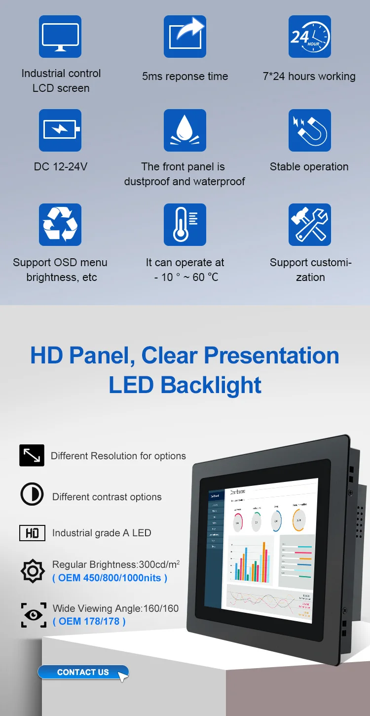 13.3 Inch HD Capacitive Touch Industrial Monitor IPS 1600*900/1920*1080 Multi Touch DVI TFT Embedded Pure Flat Monitor