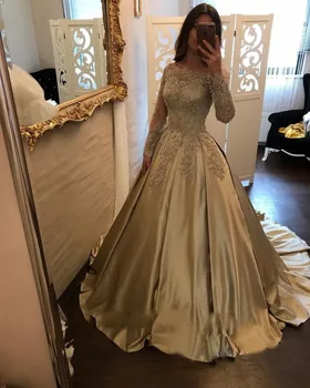 High Quality Off The Shoulder Long Sleeves Lace Appliqued Satin Bridal Gold Wedding Dress Anniversary Formal Gowns