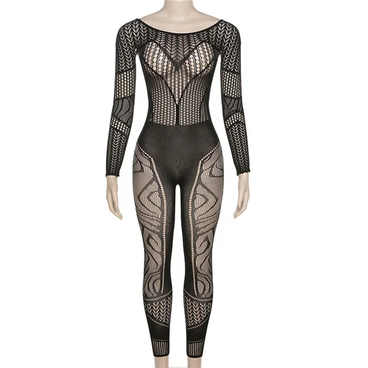 Lingerie Knitted Jumpsuit Women Sexy See Through O-Neck Long Sleeve Body-Shaping Rompser
