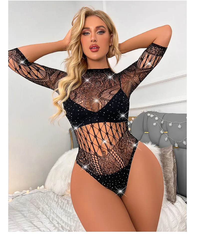 Wholesale Products One Piece Body Stocking Shiny Long Sleeve Mesh Sexy