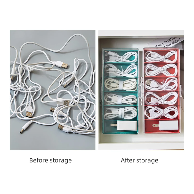Rectangle Electronics Organizer 6 Sections Clear Cable Storage Bin Box Cord Management Holder box