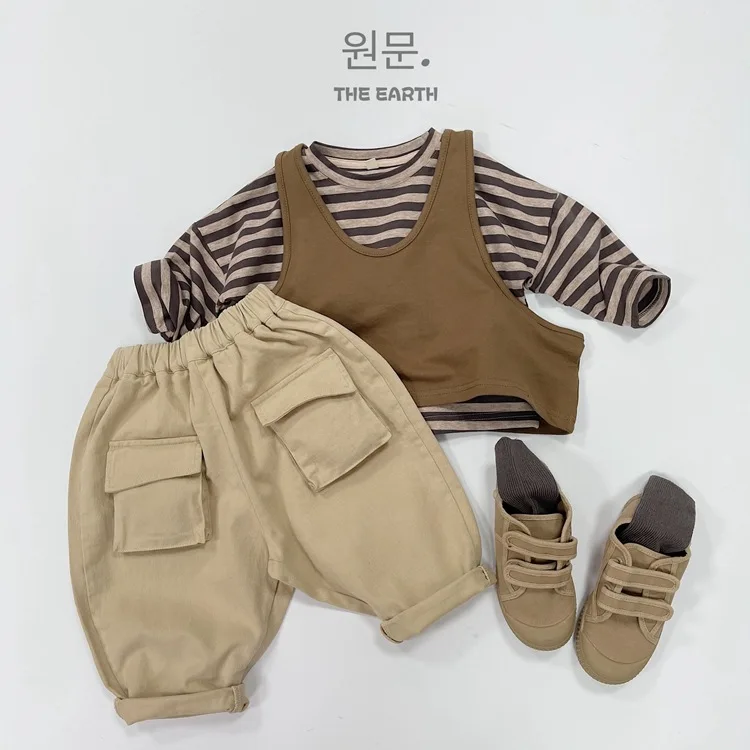 Children's overalls autumn new boys and girls loose casual pants baby pocket style pants
