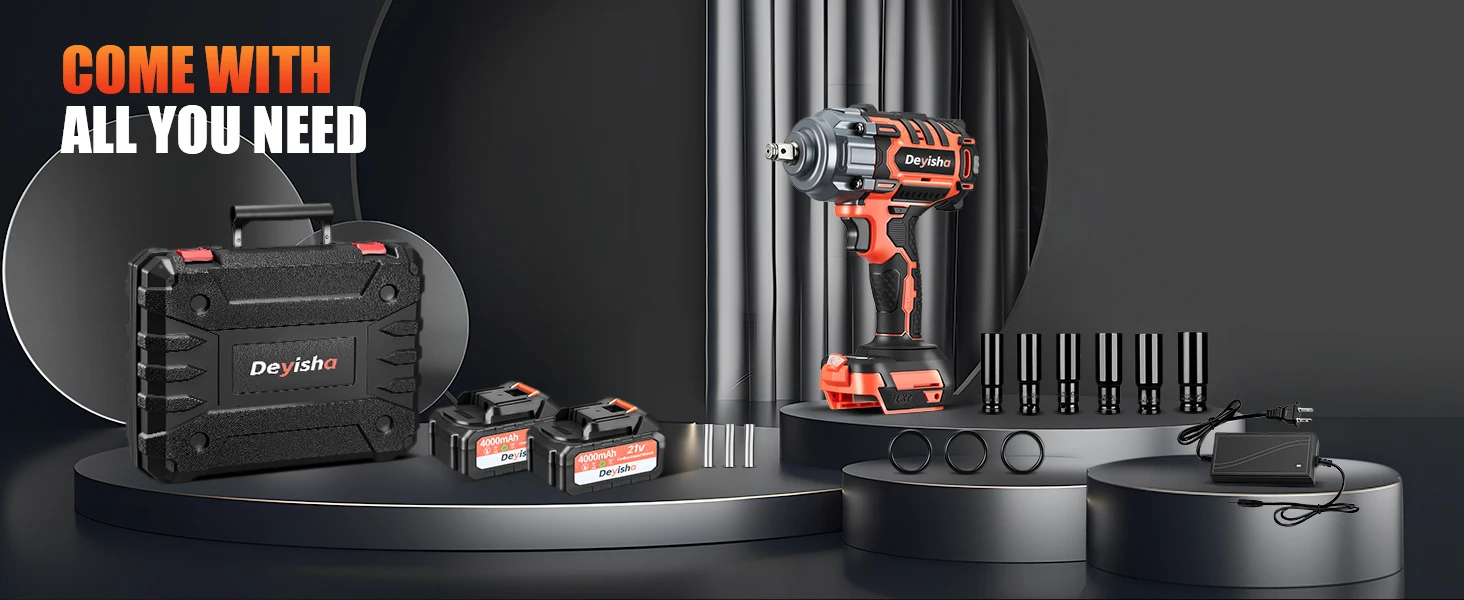 Llave de Impacto Inalámbrica de 1500N.m (1100Ft-lbs), Llave de Impacto sin Escobillas de Alto Torque de 1/2\" con 2 Baterías de 4.0Ah y 6 Dados para Automóvil