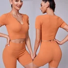 Women Shirts Support Custom Breathable Solid Color Deep V Sexy Nude Yoga Women Crop Top T Shirts