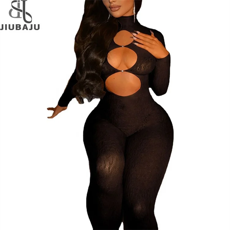Hollow Out Skinny Lace Jumpsuits Women Sexy Long Sleeve Slim Club Party Rompers See Through Lingerie Bodysuit