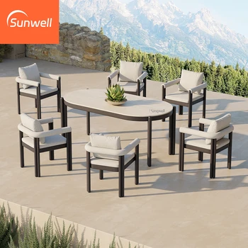 Modern Waterproof Outdoor Dining Set Aluminum Metal Garden Furniture for Patio Courtyard Park Beach & Hotel Use Wood-Style Panel