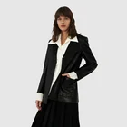 Suit Jacket Women Black Single Breasted Suit High Quality Collarless Pocket Slim Leather Jacket Blazer