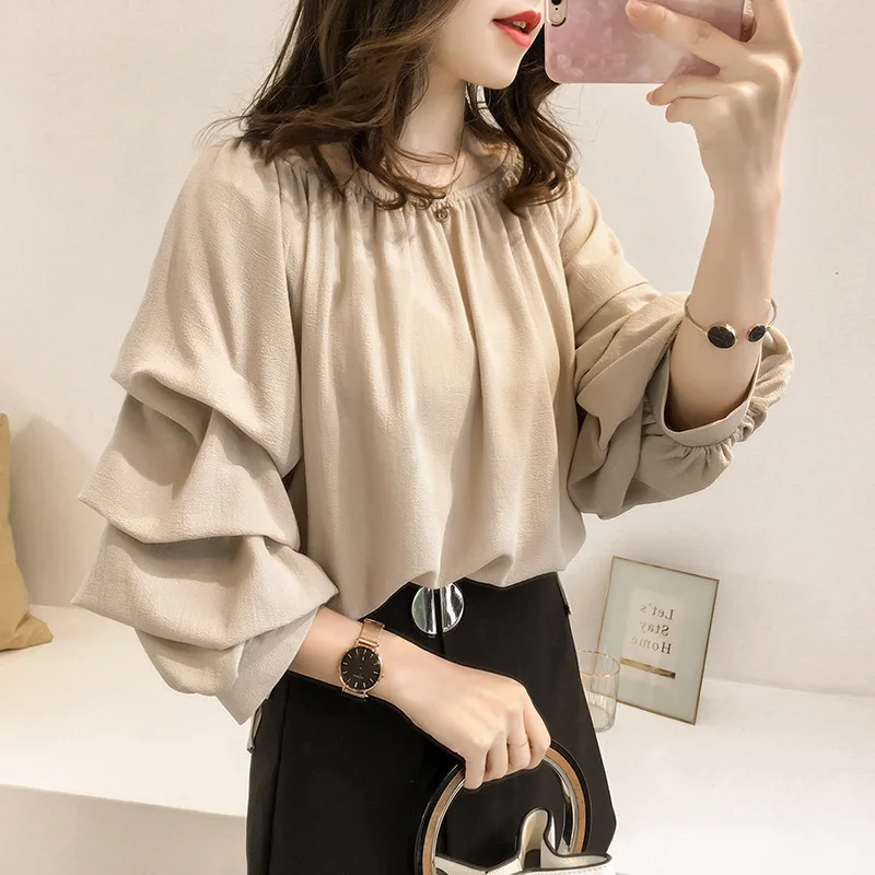 Women Girls Chiffon Sweet Stacked Puff Sleeve Shirts Solid Color Elastic Off Shoulder Tops Fashionable Tops Casual Shirt