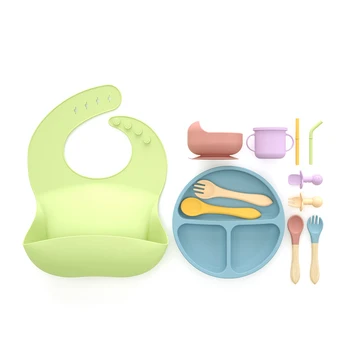 2024 New Fashion Baby Silicone Feeding Set Tableware Set Baby Gift Set Solid Color Tableware For Babies Children's Eating Tools