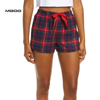 MGOO Flannel Sleep Shorts Women Custom Cotton Checked Short Wide Drawstring Waist Shorts Nightwear